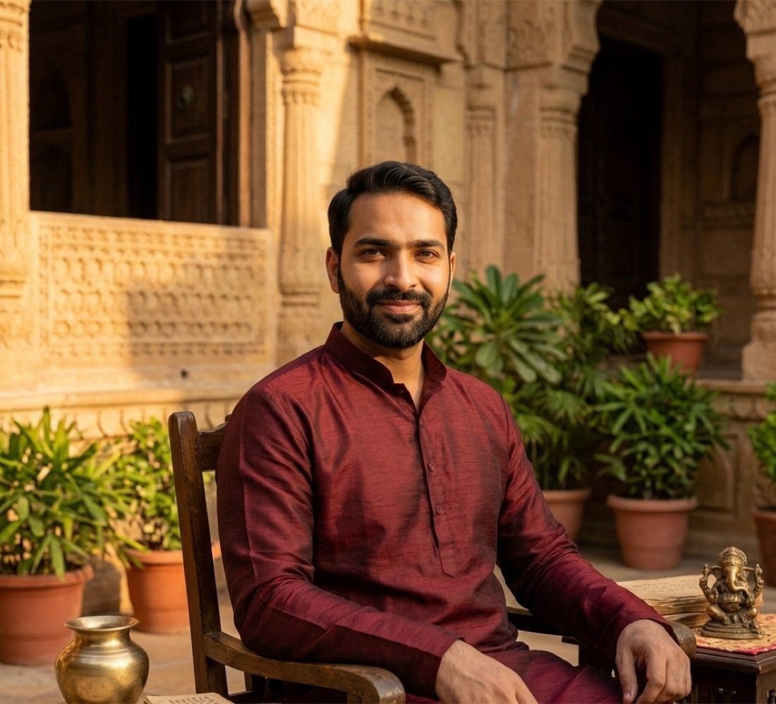Acharya Anand — Vedic Astrologer at temple courtyard, Bengaluru & Lucknow
