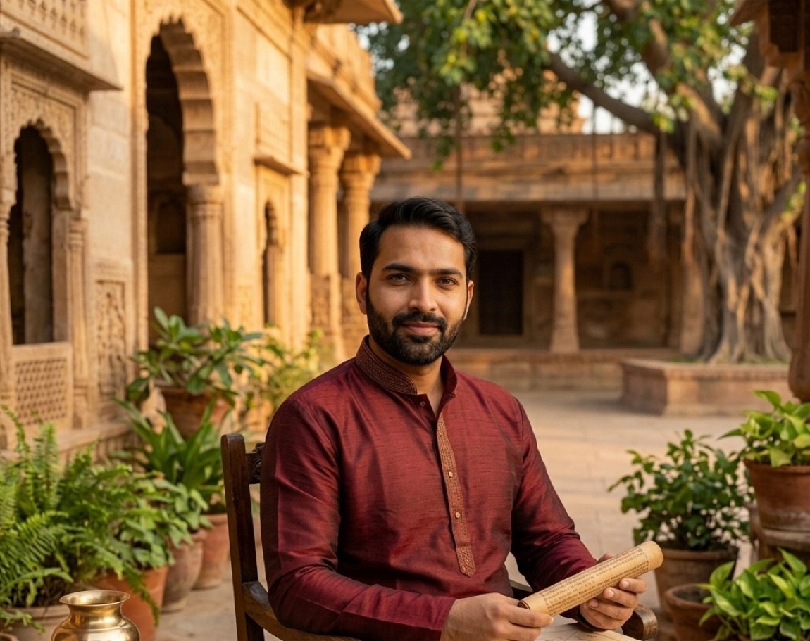 Acharya Anand — Vedic Astrologer studying a horoscope at temple courtyard
